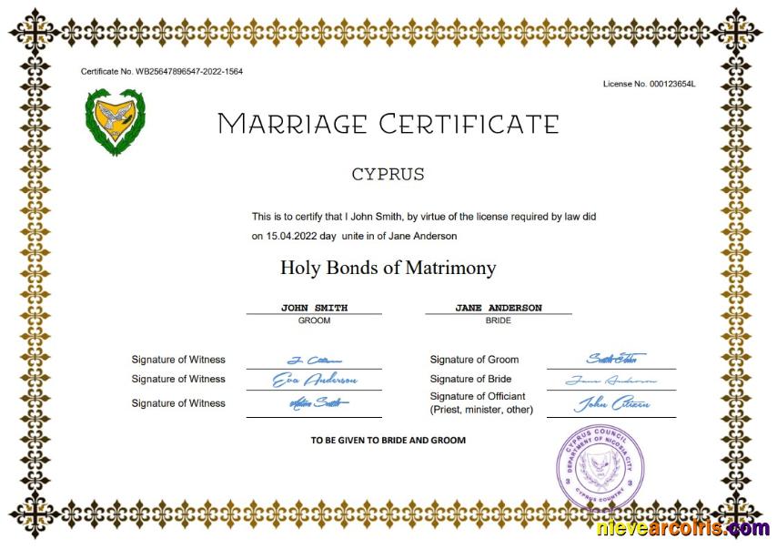 Cyprus marriage certificate